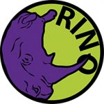 Rinon logo, jossa on vaaleanvihreän ympyrän sisällä violetti sarvikuonon pää.