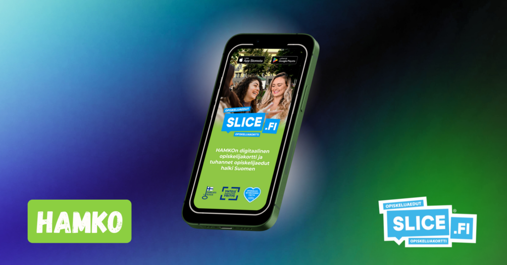 Kuva kännykästä, jossa ruudulla on Slicen logo ja kahden hymyilevän naisen kasvot.